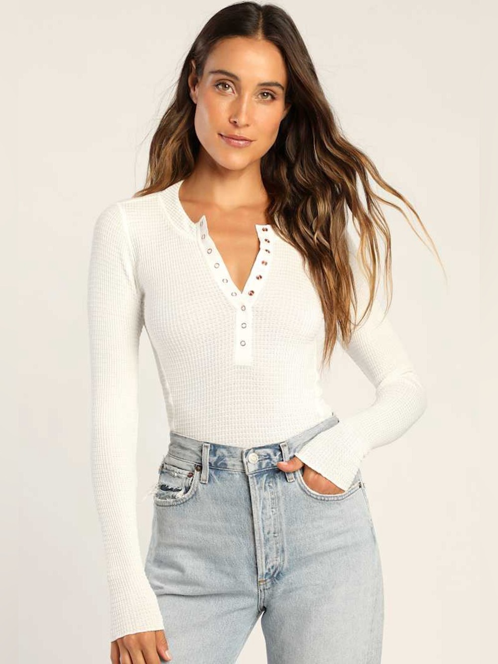 Free People Waffle Knit Henley Top White Medium